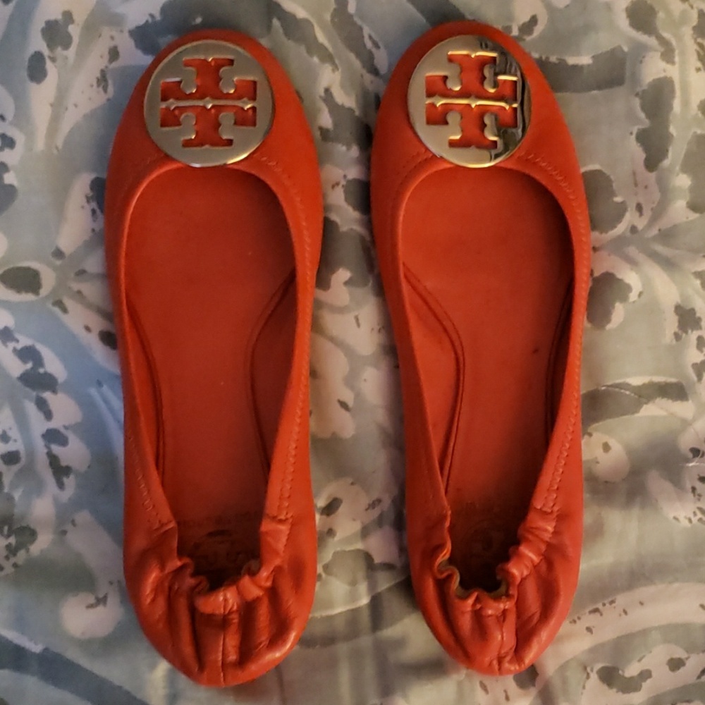 Tory Burch Reva Flats, Orange Leather Size 10